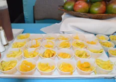 Spiralized mangos (including skin) on display in the booth of the National Mango Board.